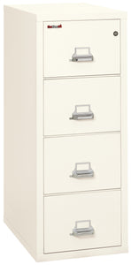 Beige 4-drawer filing cabinet with door on top drawer.