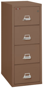 Brown filing cabinet with three drawers and silver handles.